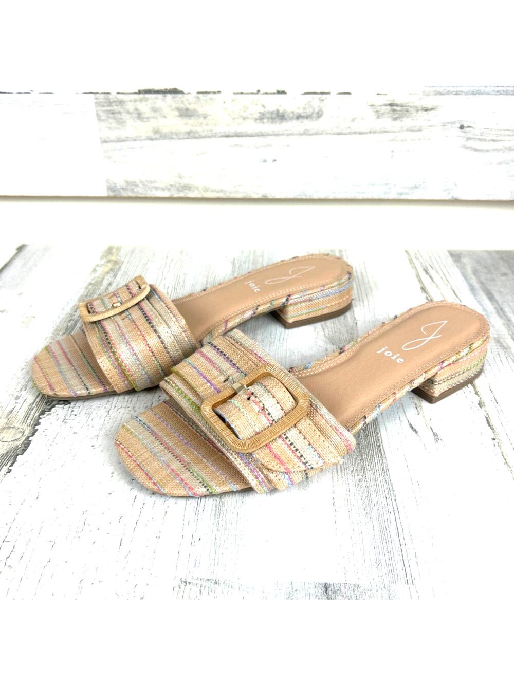 Joie Womens 7.5 Claire Multicolor Stripe Woven Buckle Flat Sandals Casual Summer